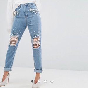 Boohoo Pearl Detailed Ripped Jean